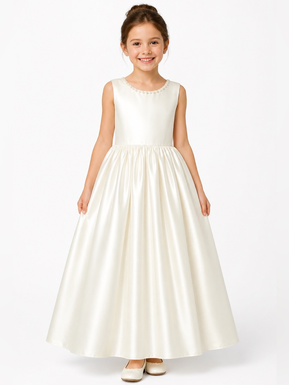 Ivory/Off White Satin Flower Girl Dress Pearl Trim Bow Back V Neck Size 8 - Picture 2 of 16